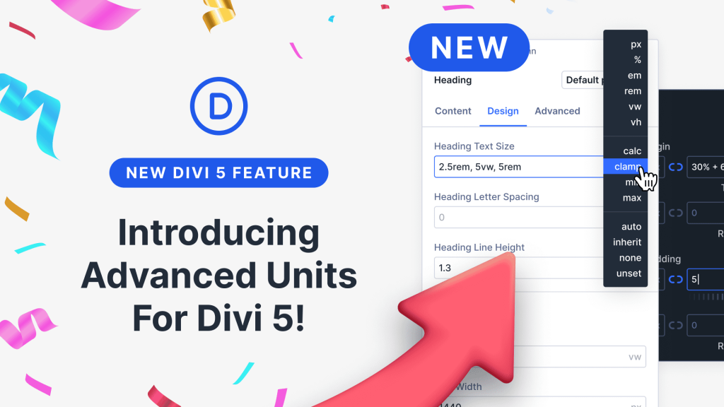 Divi 5 ajoute Advanced Units : clamp, calc et variables CSS dans le builder