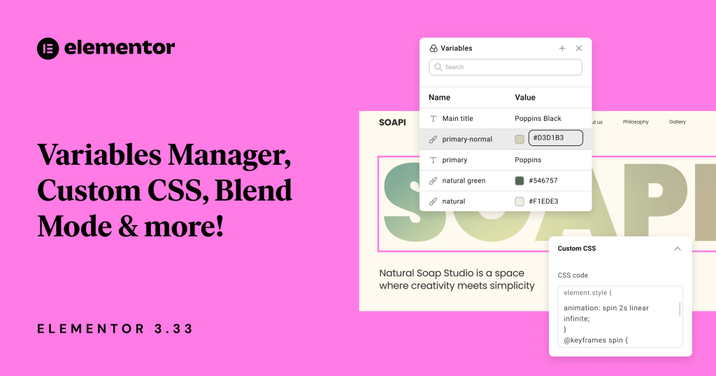 Elementor 3.33 : Variables Manager, CSS custom et modes de fusion