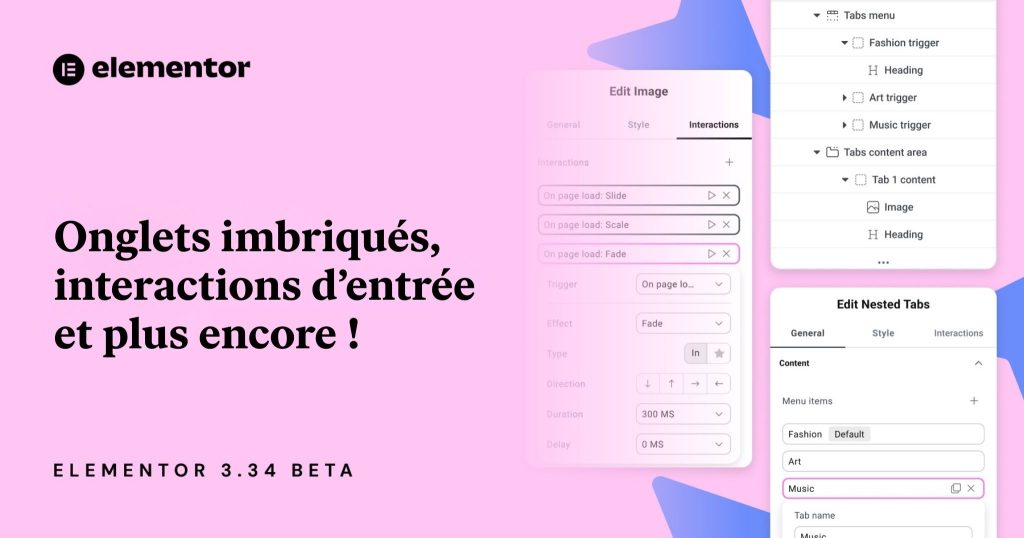 Elementor 3.34 : onglets imbriqués et animations d’entrée