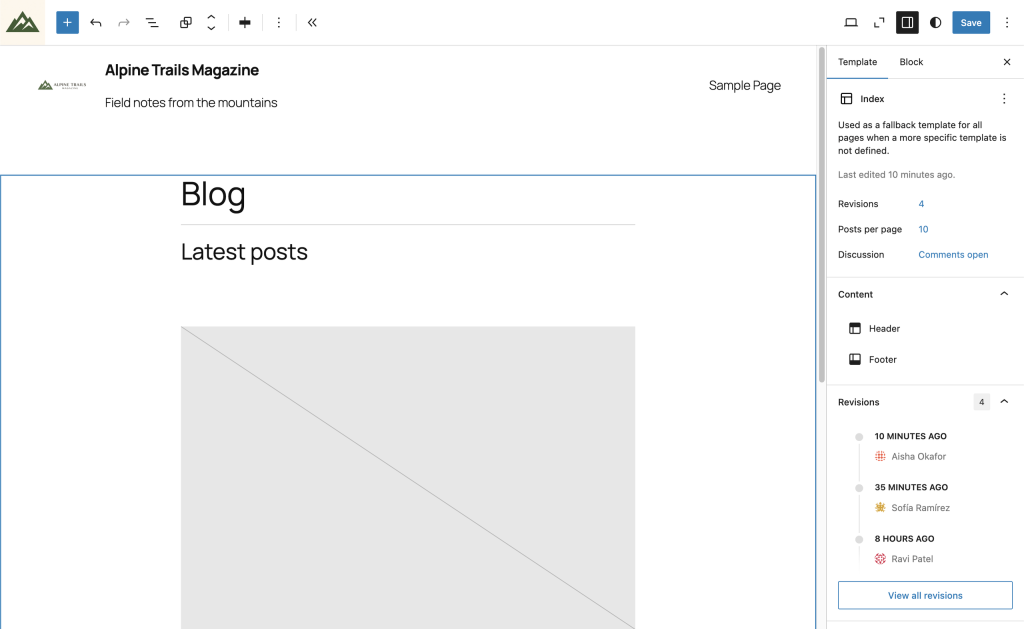 Gutenberg 23.0 : écran de révisions pour les templates, identité du site et collaboration en temps réel