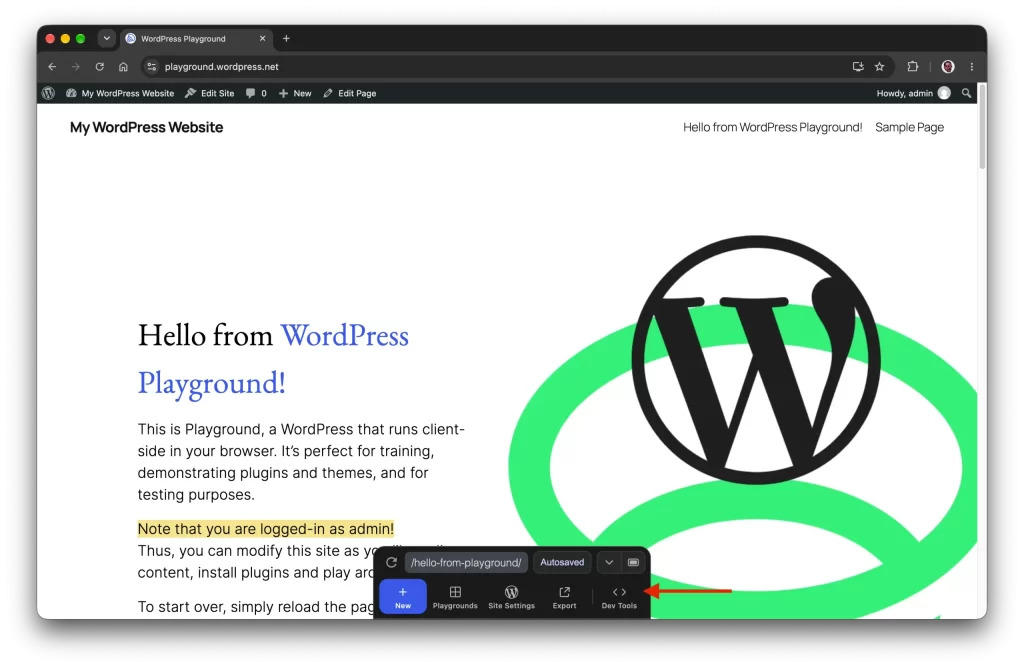 WordPress Playground muscle ses outils avec un Terminal et une section Dev Tools